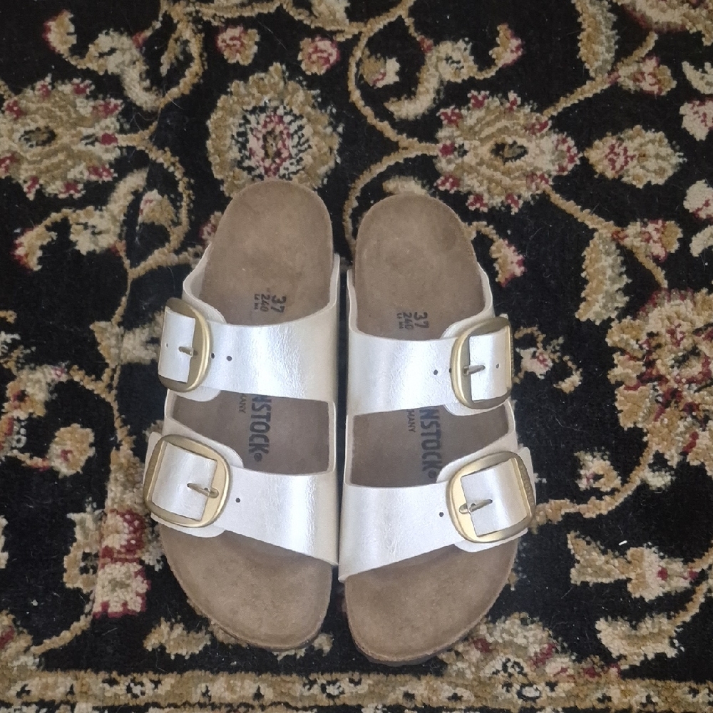 Birkenstock White and Tan Sandals with Two-Strap Design